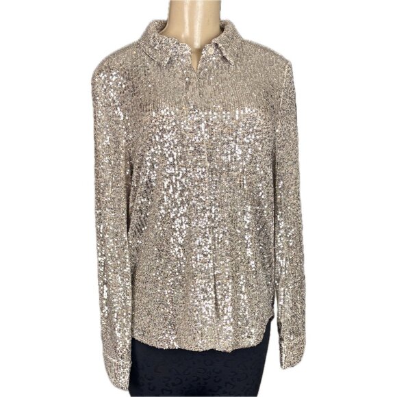 Cable & Gauge L Metallic Champagne Sequin Button Down Collar Long Sleeve Shirt - Picture 2 of 7